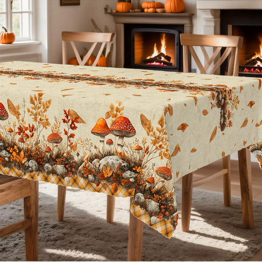 In Autumn, a Countryside Tablecloth Featuring Rice And Yellow Decorations, with Patterns of Mushrooms And Pumpkins, in a Vintage And Traditional Style, Available in Round, Rectangular, And Oval Shapes