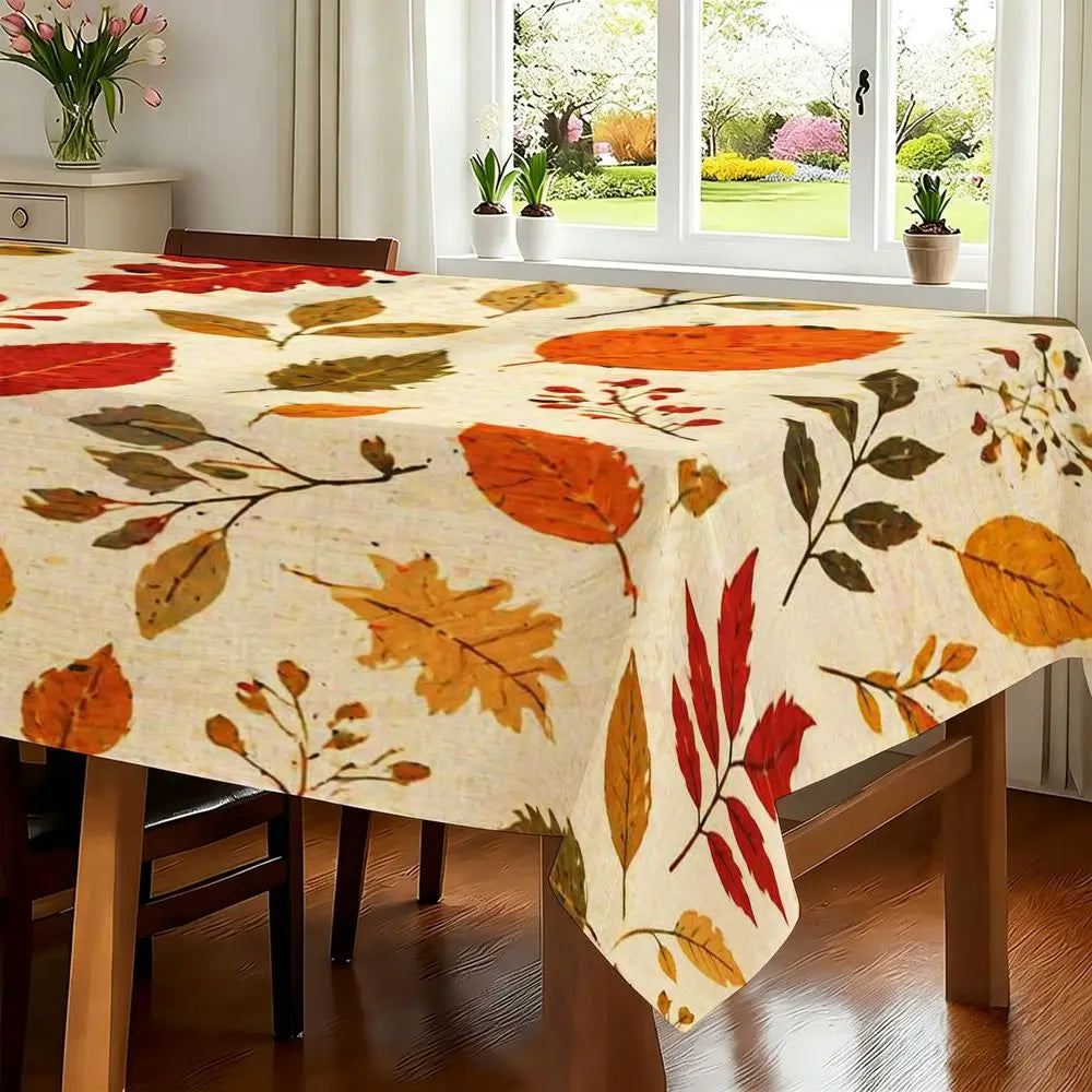 Autumn Leaf Tablecloth for Rectangular Dining Table, Cream Background with Red Orange Yellow Green Detailed Leaves, Berries And Twigs Pattern, Polyester, Easy Care, Fall Thanksgiving Decor, Indoor Use