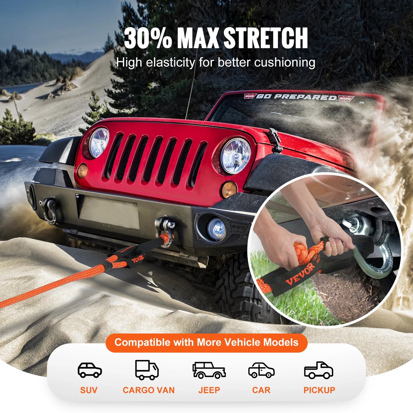 20/30ft Car Towing Rope Off Road Snatch Tow Strap Rescue Recovery Resistant Which Rope for Jeep Car Truck ATV Tractor