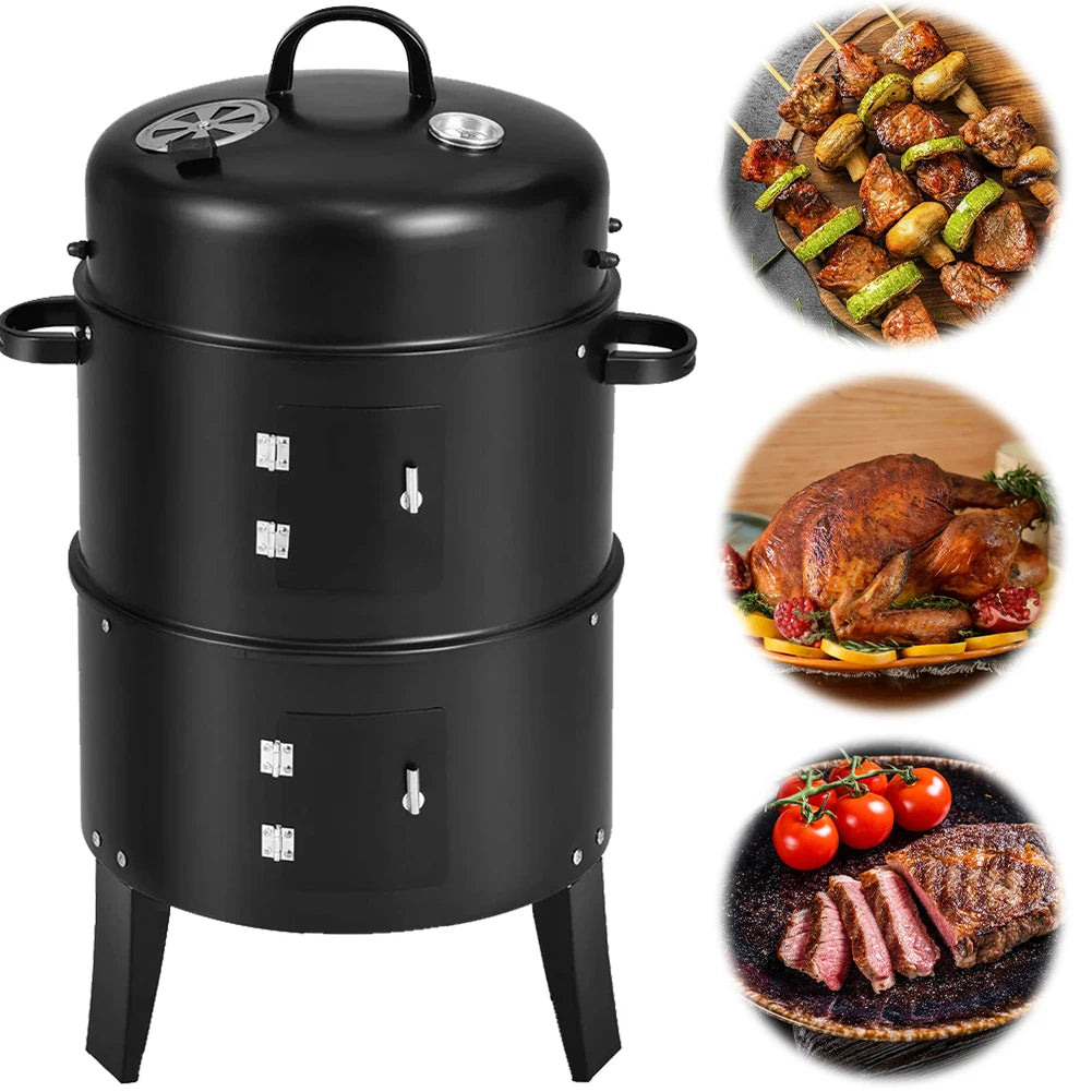 Vertical Charcoal Smoker with Built-in Thermometer BBQ Smoker Grill with Air Vent 2 Access Doors for Outdoor Cooking Camping
