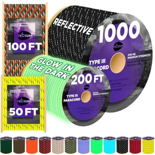 Reflective Paracord Rope 1000 1000ft/200ft/100ft/50ft 40+ Colors Glow in the Dark para Cord Utility Rope for Survival, Hunting