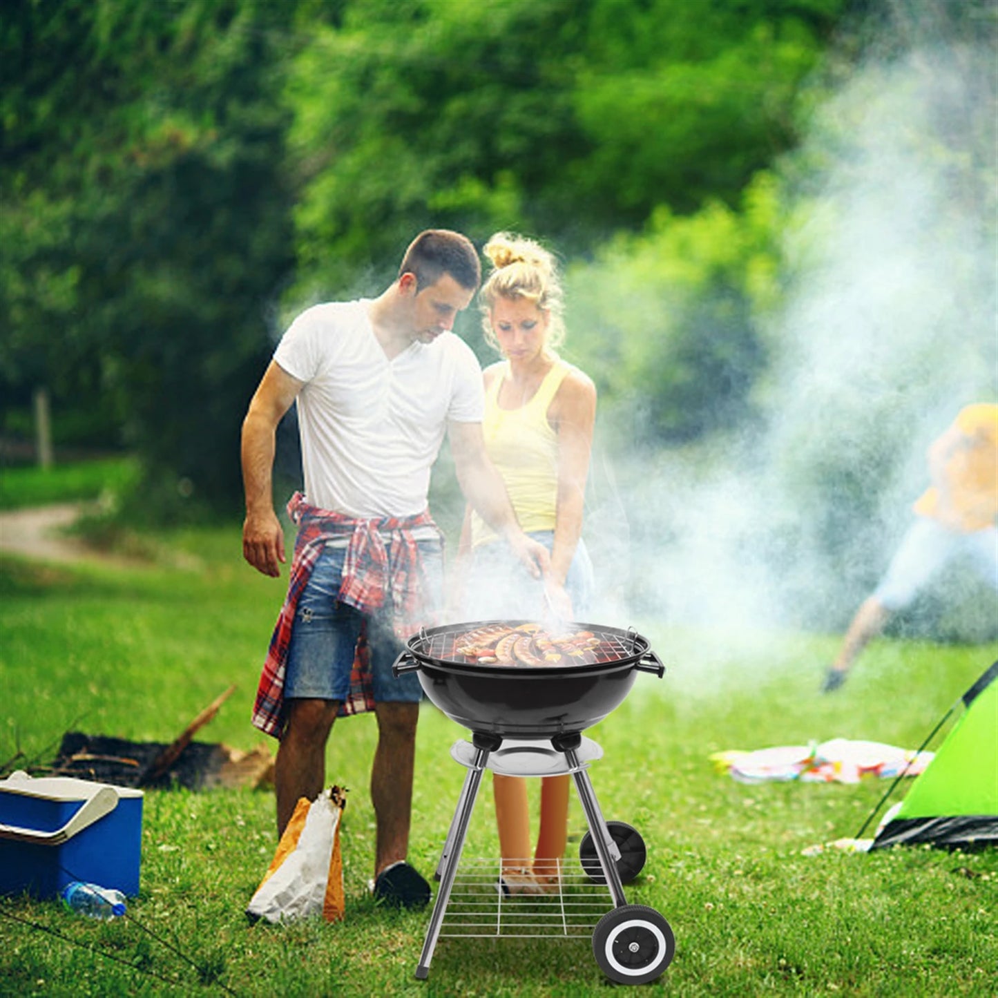 Portable Charcoal Grill with Thermometer & Wooden Handle Compact Tabletop Barbecue Grill for Outdoor Camping BBQ Grilling Backy