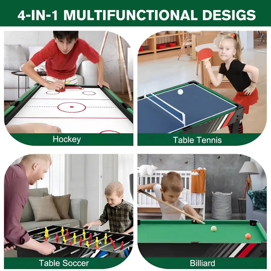 4-In-1 Recreational Game Table with Football Billiards Ice Hockey Table Tennis Indoor Desktop Game Set Wear Resist for Kids Gift