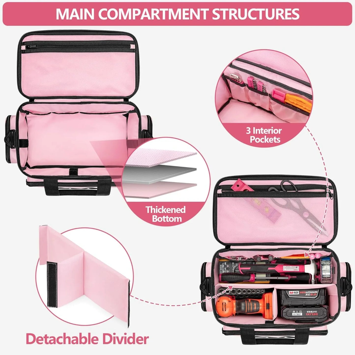 Pink Tool Bag For Women, Lady Tool Tote Bag Storage Organizer with Anti-friction Bottom for Electrician, Carpenters, Repairman