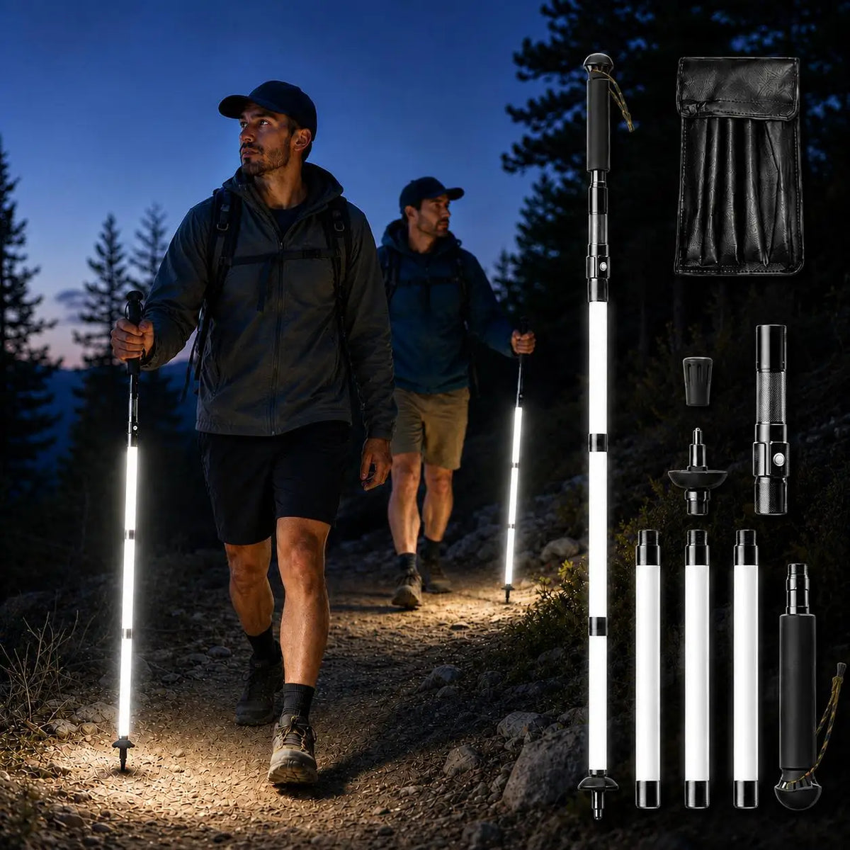LED Walking Stick Type C Rechargeable Trekking Poles Detachable Light Up Hiking Pole Aluminum Alloy Illuminated Cane For Night Hikes Outdoor Camping Mountaineering Safety Equipment Unisex Walking Aid