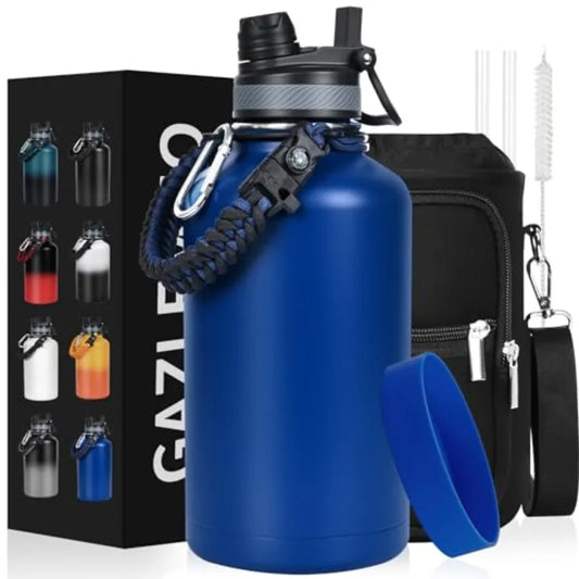 Insulated Water Bottle Half Gallon Water Jug Cold 48H BPA Free Stainless Steel Bottles with Straw/Chug 2-in-1 Lid Bag Paracord