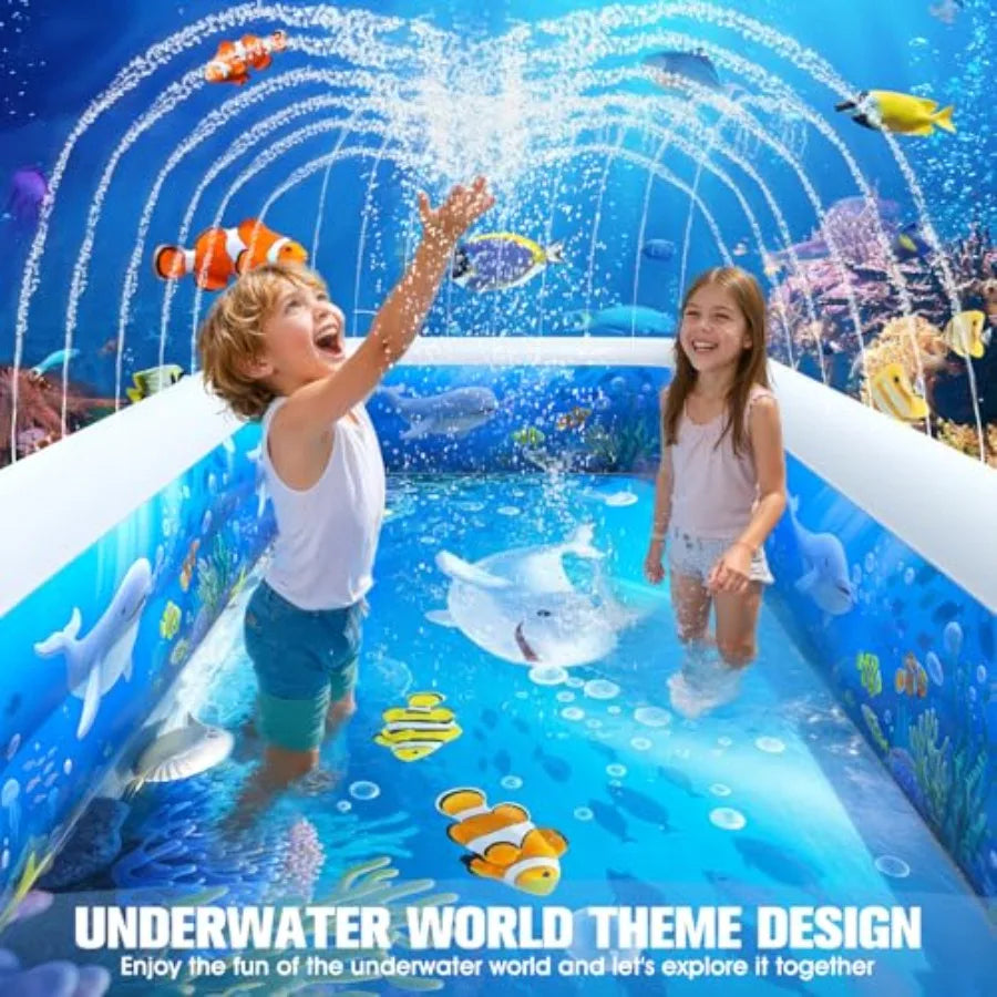 Inflatable Pool with Sprinkler, Durable Blow up Pool with Big Backrest, Rectangle Pool Backyard, Swimming Pool