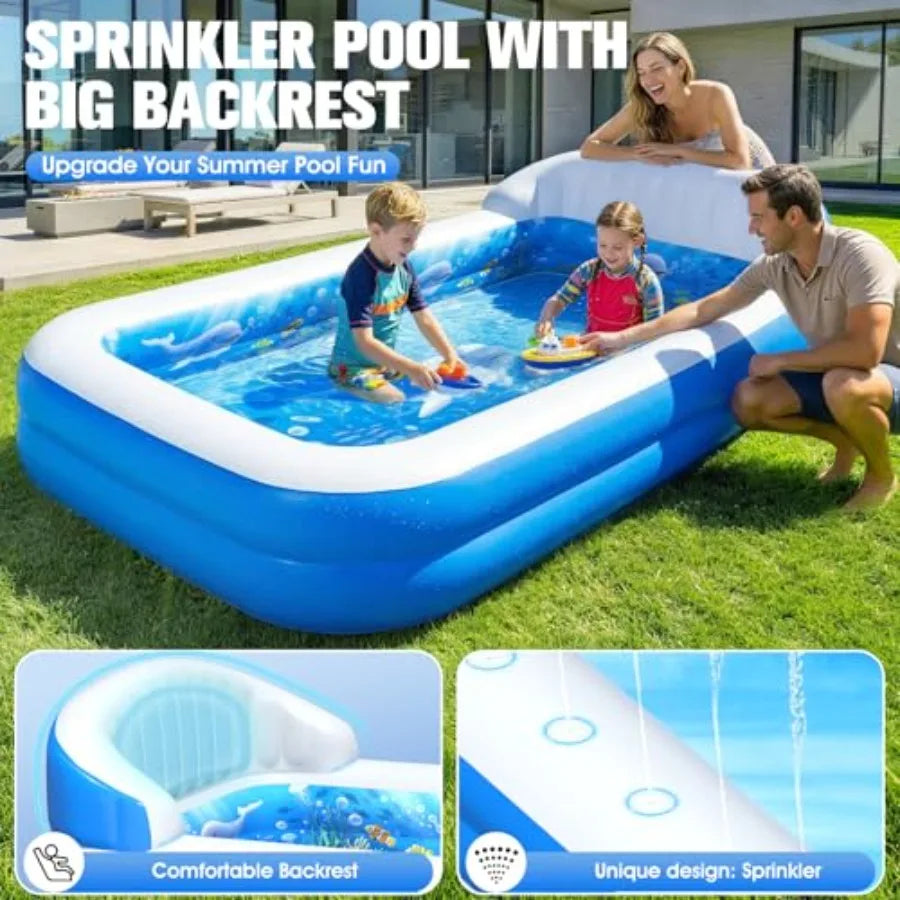 Inflatable Pool with Sprinkler, Durable Blow up Pool with Big Backrest, Rectangle Pool Backyard, Swimming Pool