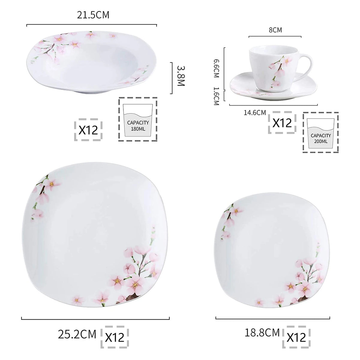 60-Piece White Ceramic Pink Floral Porcelain Plate Set with Dinner Soup Dessert Plate ,Cups Saucers for 12 Person