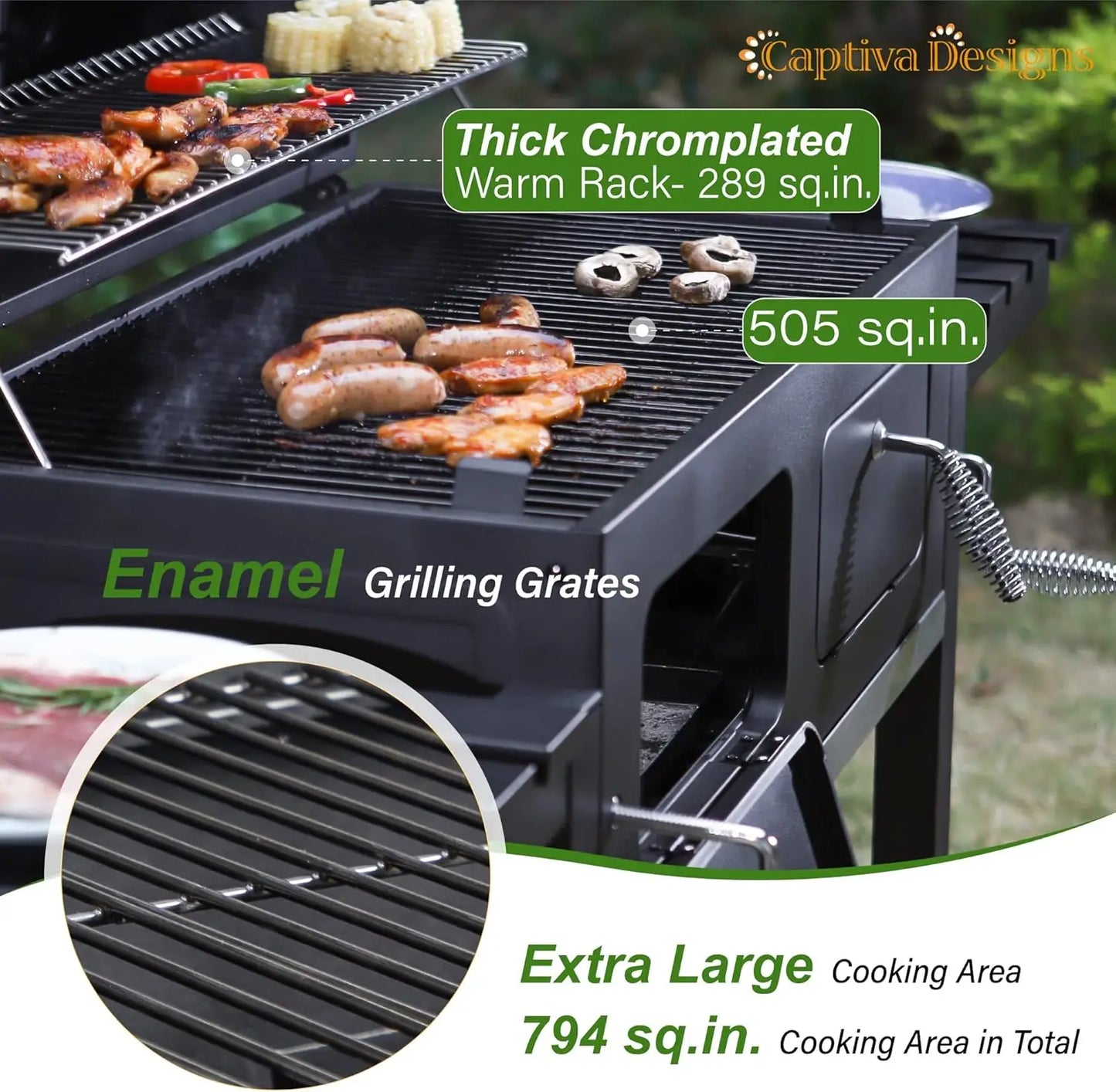 Extra Large Charcoal BBQ Grill, 794 SQIN Oversize Cooking Surface, Outdoor Barbecue Grill with 2 Independent Adjustable Charcoal Trays & 2 Foldable Side Tables