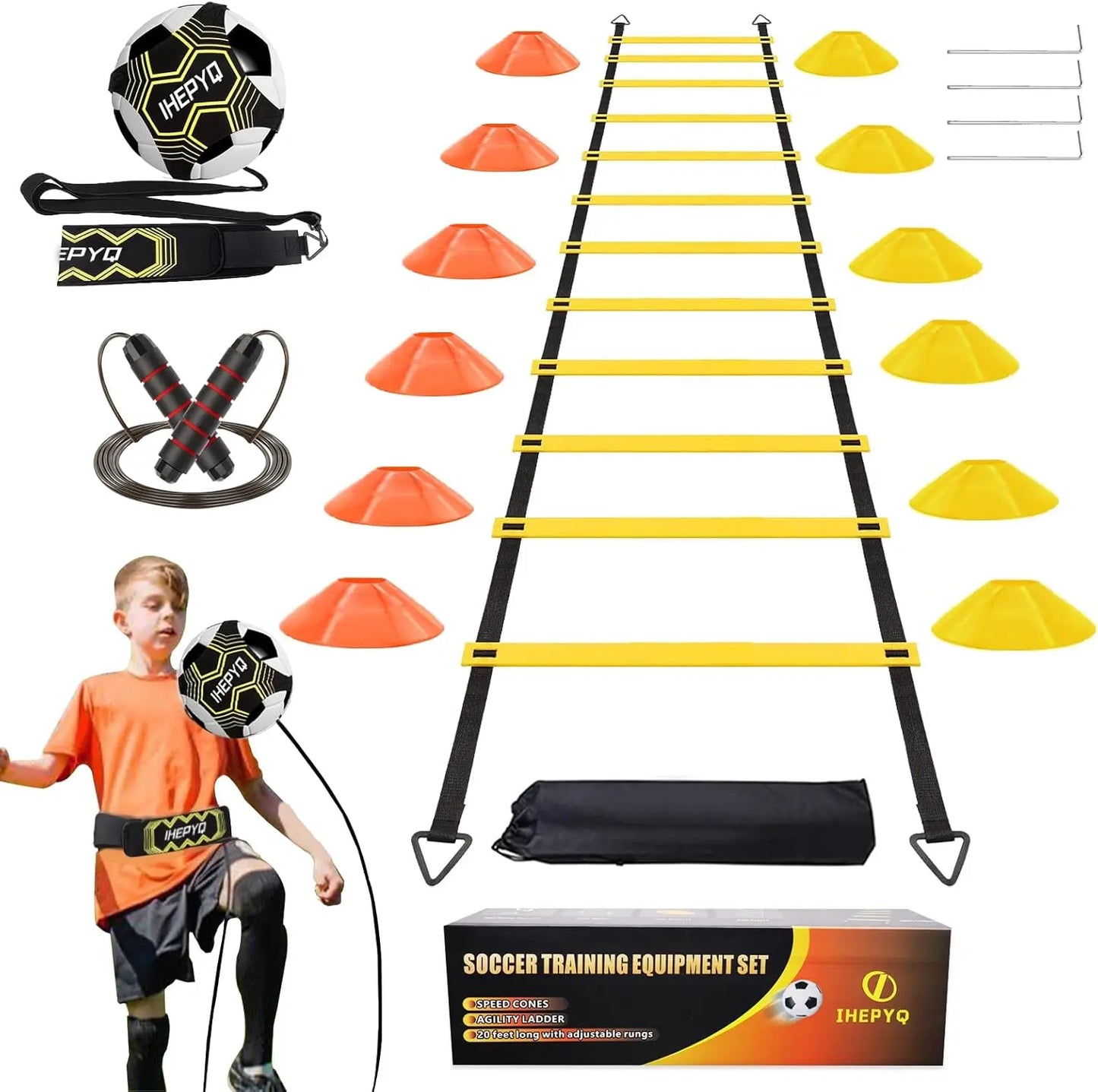Soccer Agility Training Equipment Set with 20ft Ladder, 12 Cones, Solo Trainer, Jump Rope for Speed and Footwork
