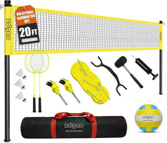 20FT/32FT Volleyball & Badminton Combo Set for Backyard | Adjustable Height Poles, Anti-Sag Net, Complete Set with Rackets, Volleyball, Boundary Line & Carry Bag