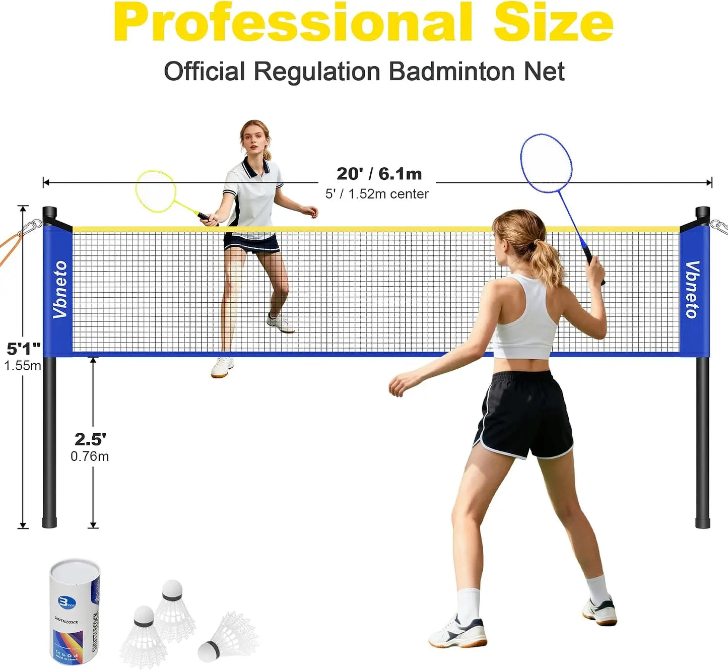 Badminton Set Portable Outdoor Anti-Sag Net 20ft x 5ft with 4 Rackets 3 Shuttlecocks Carry Bag for Backyard Lawn Beach