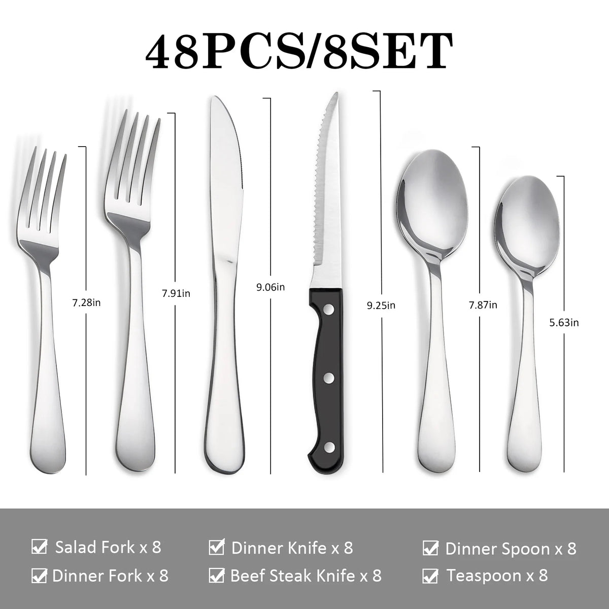 48Pcs Stainless Steel Cutlery Set Steak Knives Included Mirror Polished Flatware Set Dinner Knife Fork Spoon Tableware Kitchen Utensils Dishwasher Safe For Home Restaurant Party