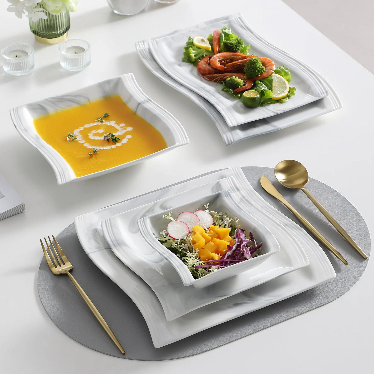 26-PIECE Nordic European Marble Gray Porcelain Tableware Set with Bowl,Dinner Plate,Dessert&Soup Plate Set for 6