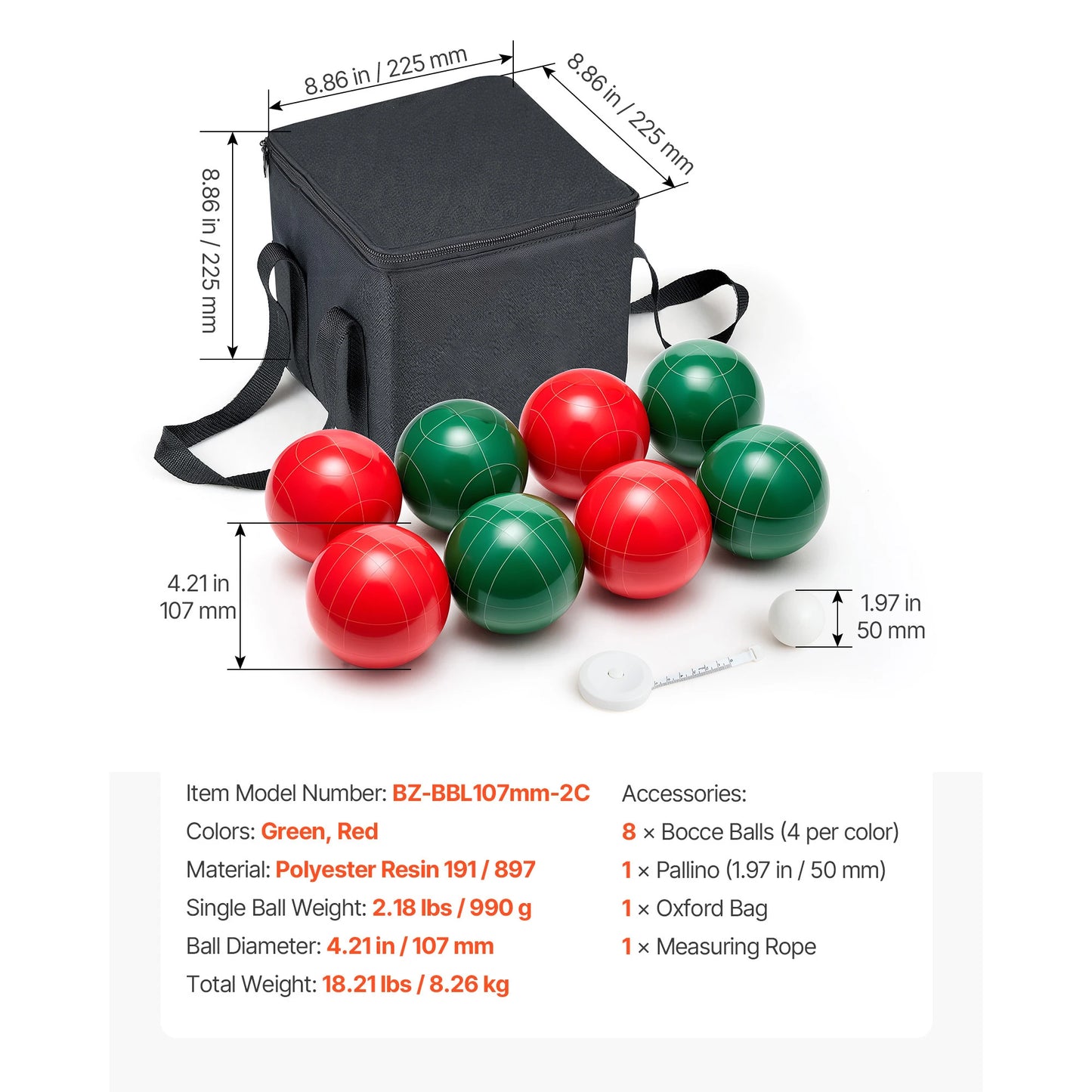 Ball Set 8 Resin Balls with Pallino Carry Bag and Measuring Rope Multi Color for Beach Lawn and Backyard Games