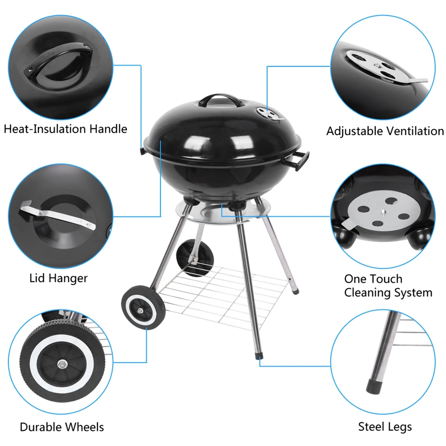 Portable Charcoal Grill with Thermometer & Wooden Handle Compact Tabletop Barbecue Grill for Outdoor Camping BBQ Grilling Backy