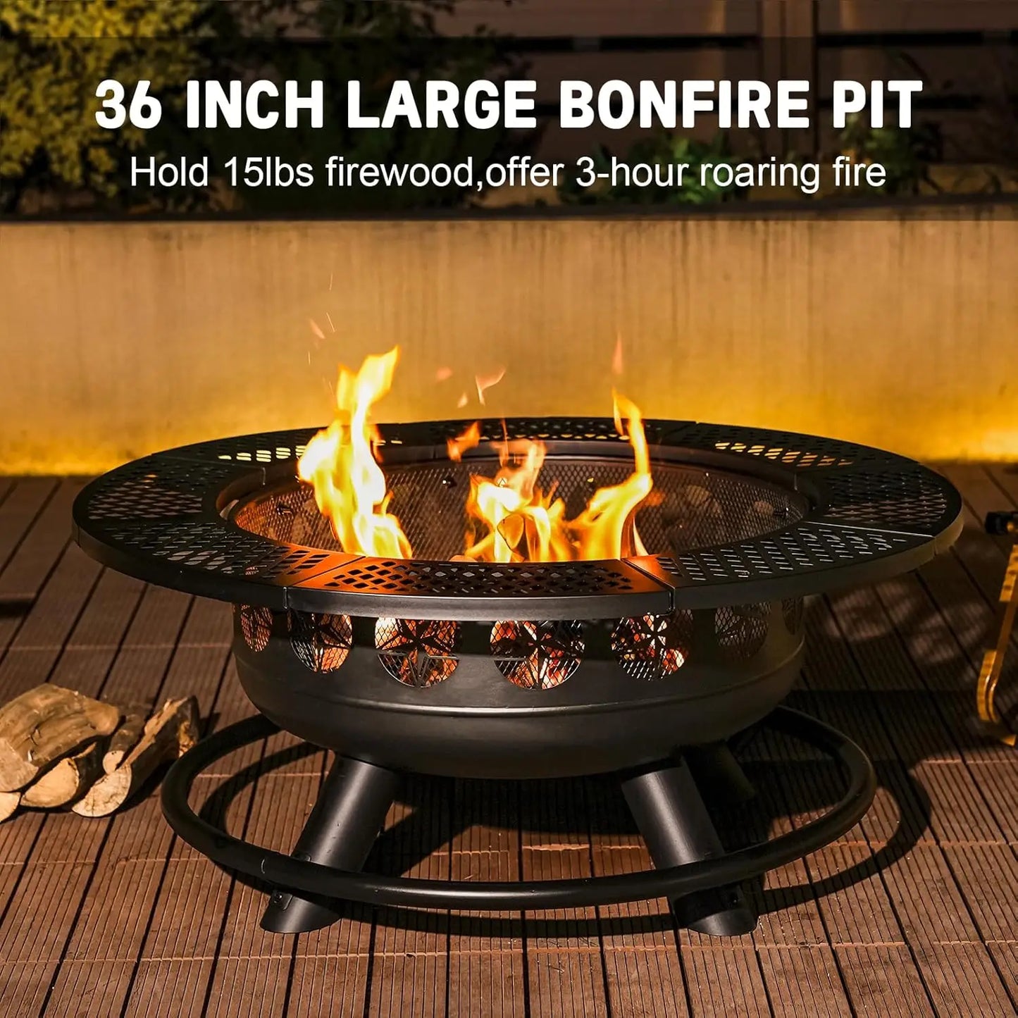 36 Inch Fire Pit with 2 Cooking Grills,Outdoor Wood Burning BBQ Firepit with Lid, 3-in-1 Outdoor Fire Pit for Backyard Deck