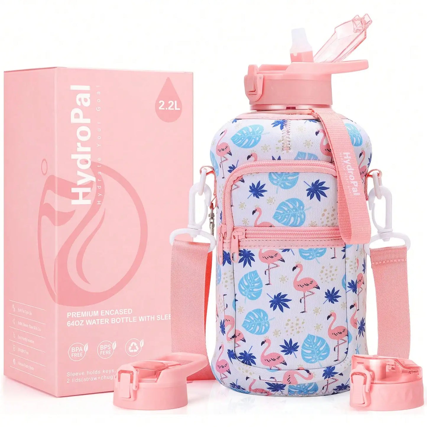 Half Gallon Water Bottle With Storage Sleeve, 74oz Large Water Bottle With 2 Lids(Straw Lid And Chug Lid)