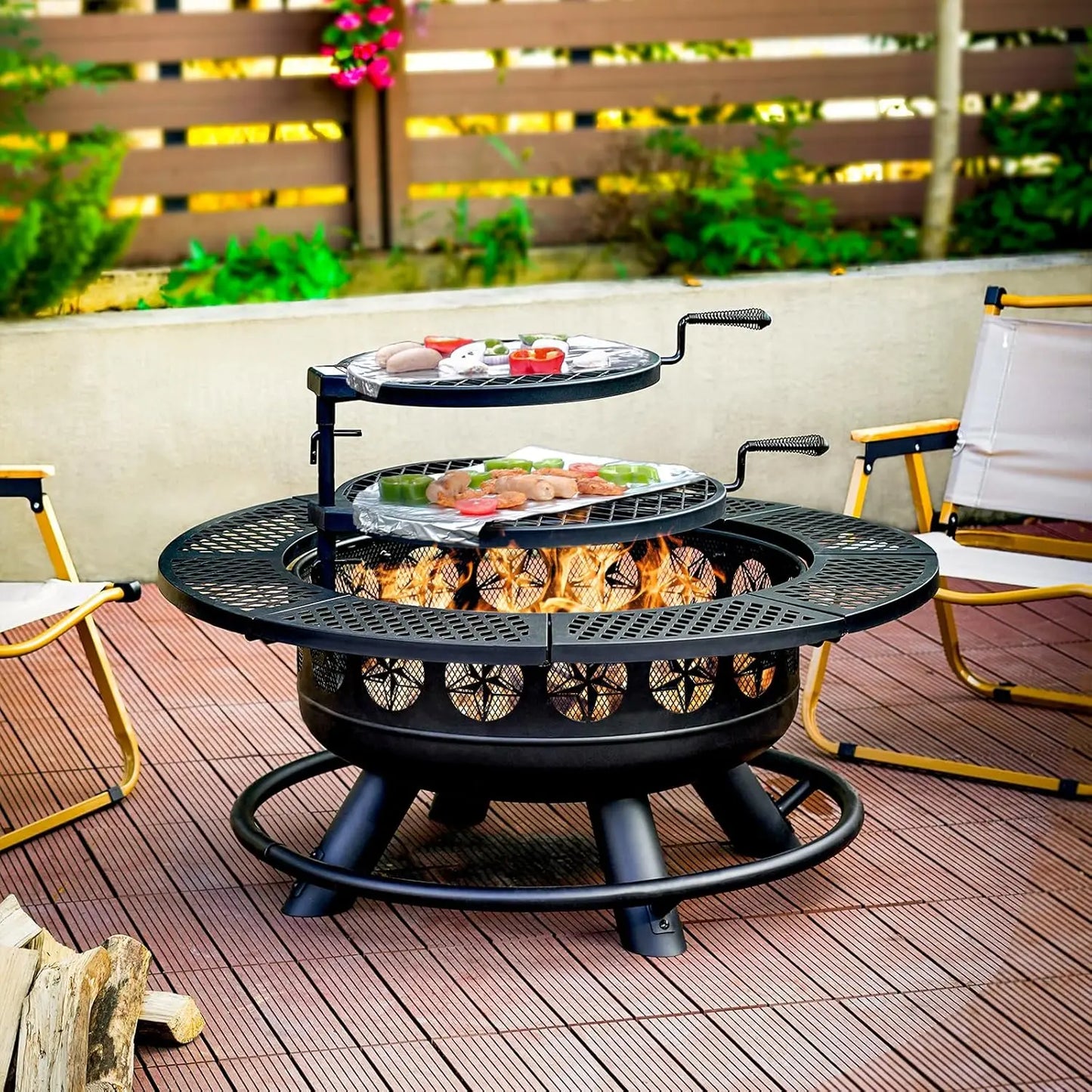 36 Inch Fire Pit with 2 Cooking Grills,Outdoor Wood Burning BBQ Firepit with Lid, 3-in-1 Outdoor Fire Pit for Backyard Deck