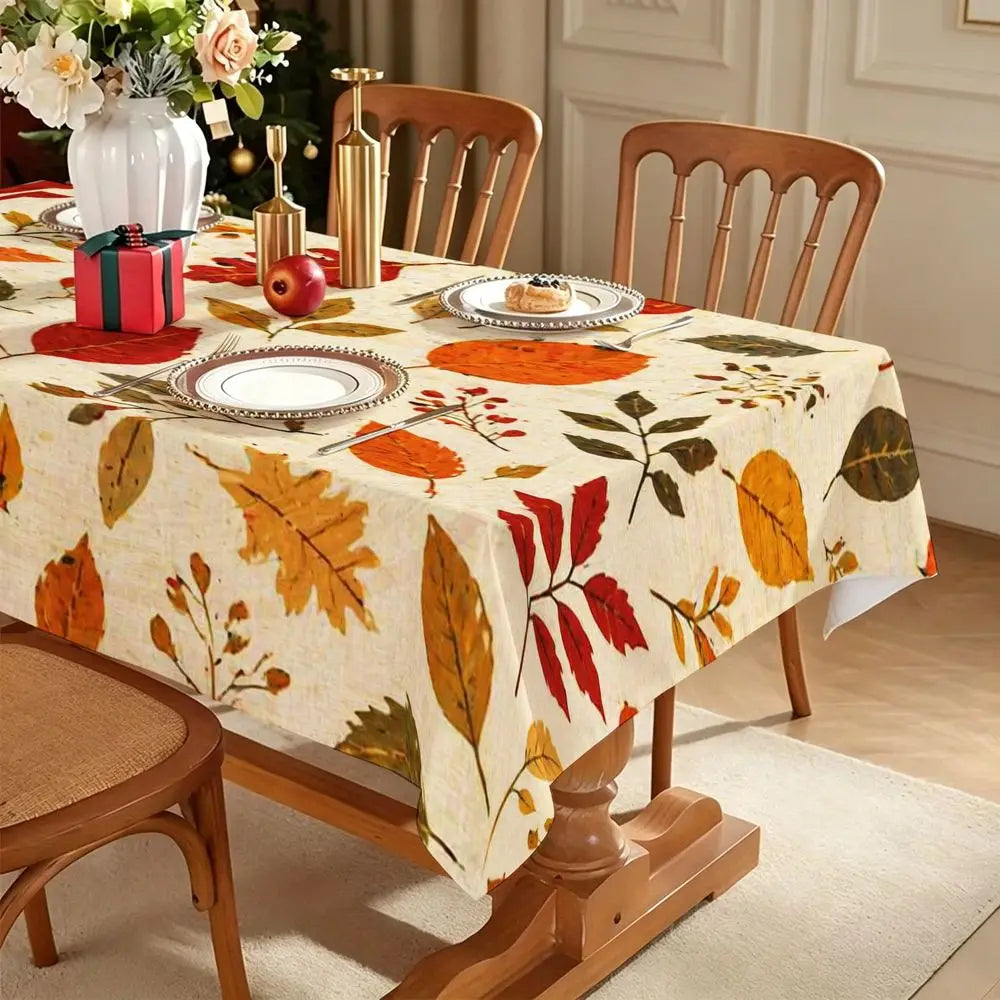 Autumn Leaf Tablecloth for Rectangular Dining Table, Cream Background with Red Orange Yellow Green Detailed Leaves, Berries And Twigs Pattern, Polyester, Easy Care, Fall Thanksgiving Decor, Indoor Use