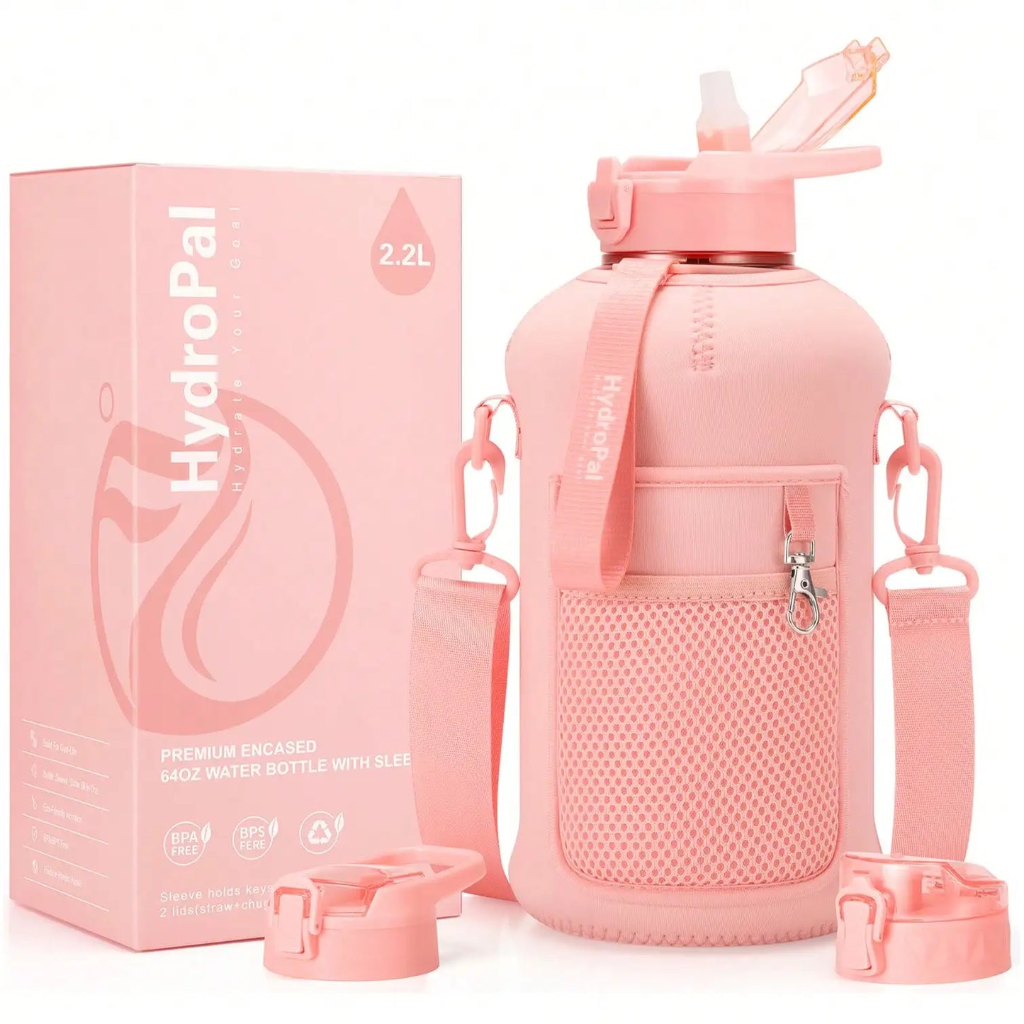 Half Gallon Water Bottle With Storage Sleeve, 74oz Large Water Bottle With 2 Lids(Straw Lid And Chug Lid)