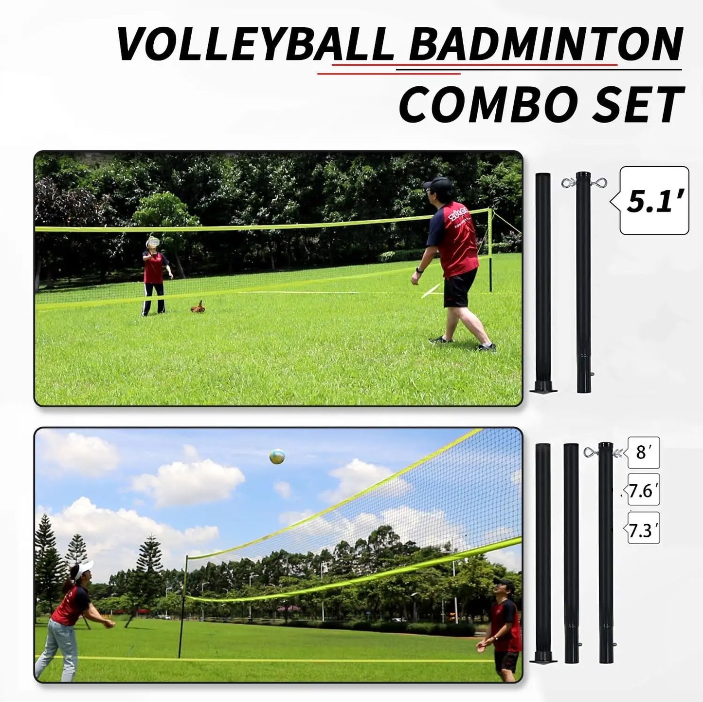 20FT/32FT Volleyball & Badminton Combo Set for Backyard | Adjustable Height Poles, Anti-Sag Net, Complete Set with Rackets, Volleyball, Boundary Line & Carry Bag