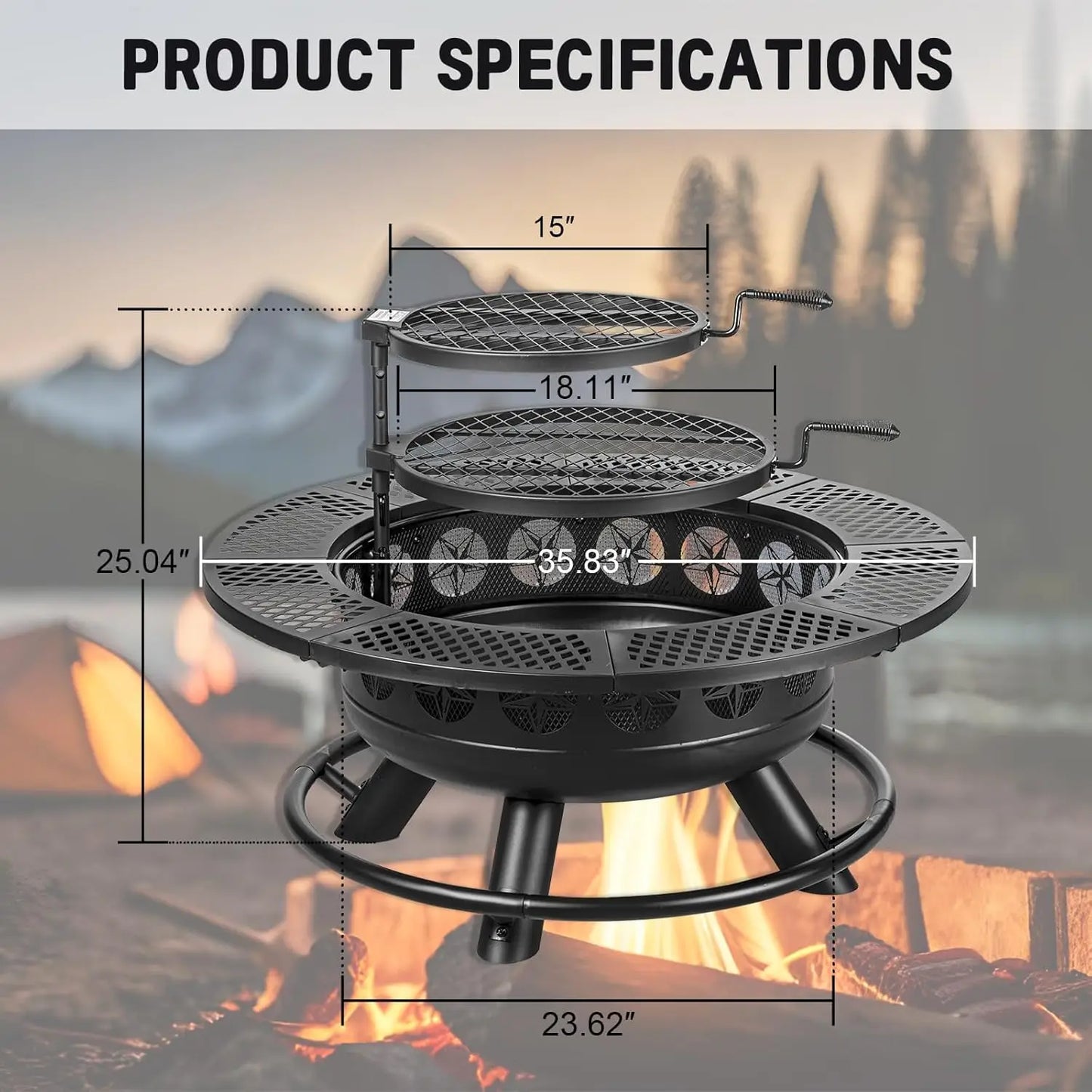 36 Inch Fire Pit with 2 Cooking Grills,Outdoor Wood Burning BBQ Firepit with Lid, 3-in-1 Outdoor Fire Pit for Backyard Deck