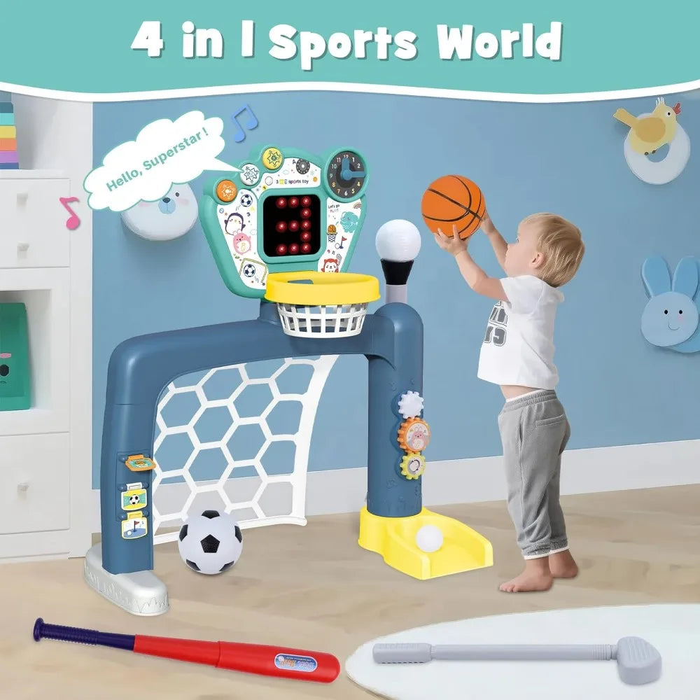 4 in 1 Adjustable Basketball Hoop Soccer Goal for Toddlers, Kids Sports Toys with Golf Baseball, LED Scoreboard, Music & Educational Games, Indoor Outdoor Activity Center Age 18+ Months