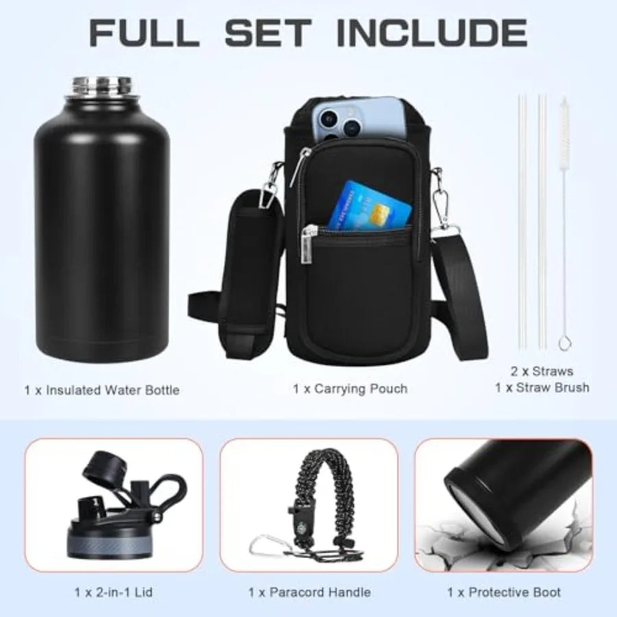 Insulated Water Bottle Half Gallon Water Jug Cold 48H BPA Free Stainless Steel Bottles with Straw/Chug 2-in-1 Lid Bag Paracord