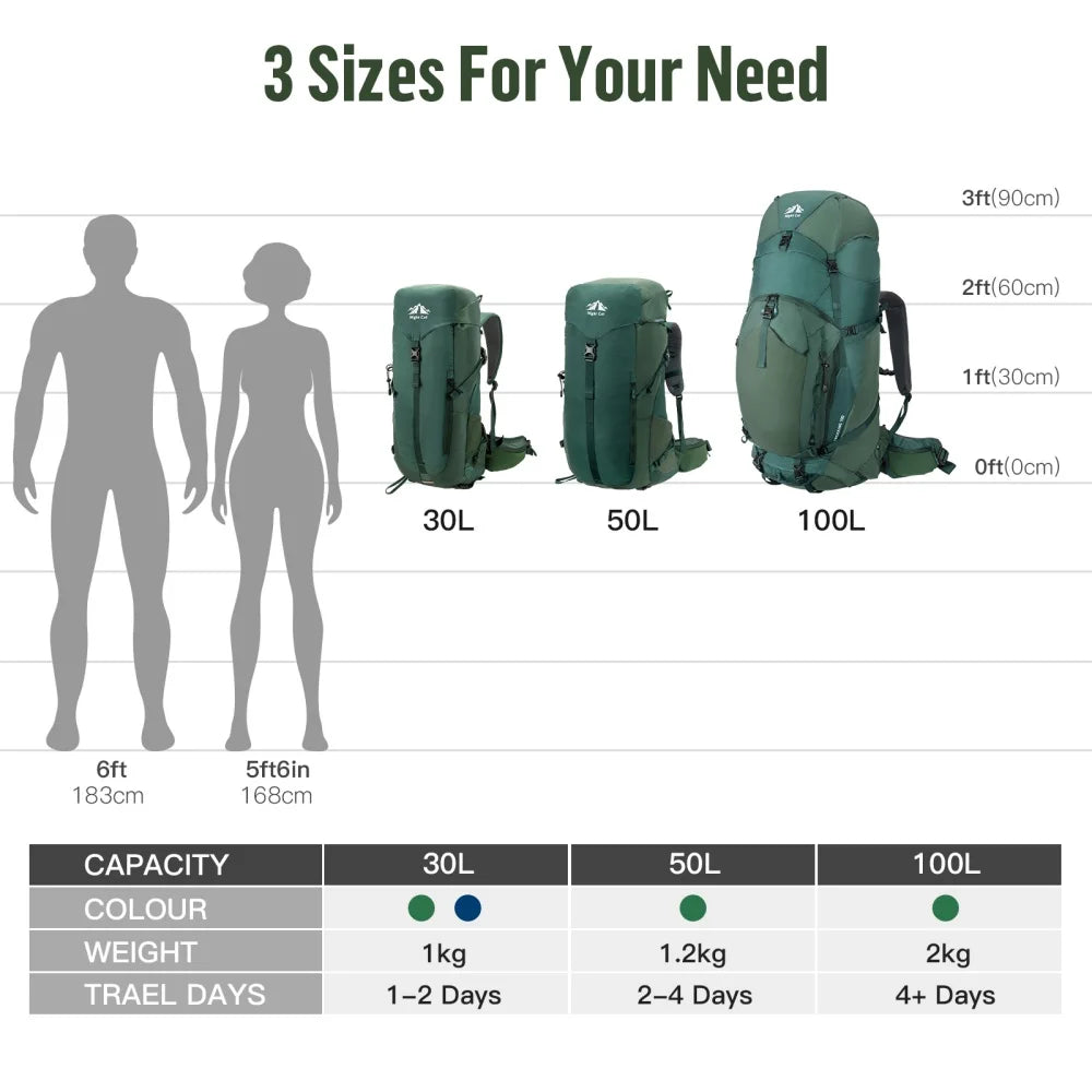 Internal-frame Hiking Backpack: 100L Large Camping Backpack for Men Women Hiking Climbing Traveling Waterproof Rain Cover