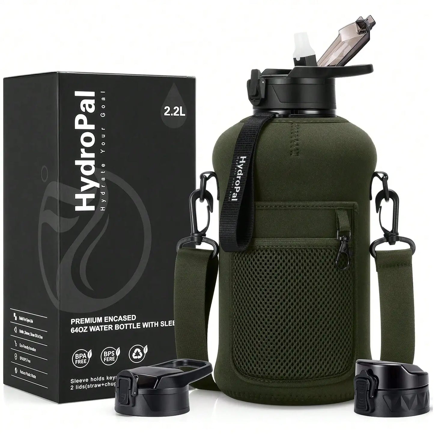 Half Gallon Water Bottle With Storage Sleeve, 74oz Large Water Bottle With 2 Lids(Straw Lid And Chug Lid)