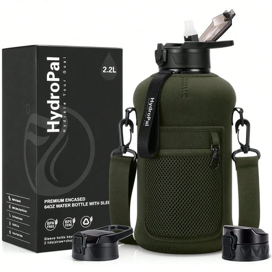 UKEIN Half Gallon Water Bottle With Storage Sleeve, 74oz Large Water Bottle With 2 Lids(Straw Lid And Chug Lid), Big Sports Wate