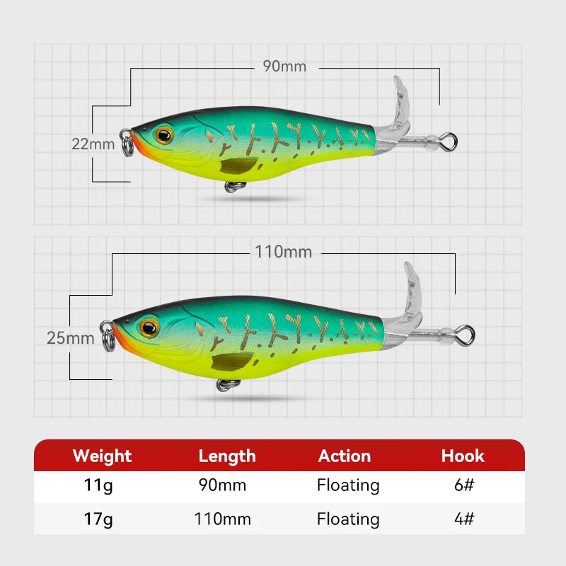 3PCS Topwater Lure Set 90mm/11g & 110mm/17g Artificial Popper Whopper Plopper Hard Wobblers for Bass Trout Pike Zander Fishing