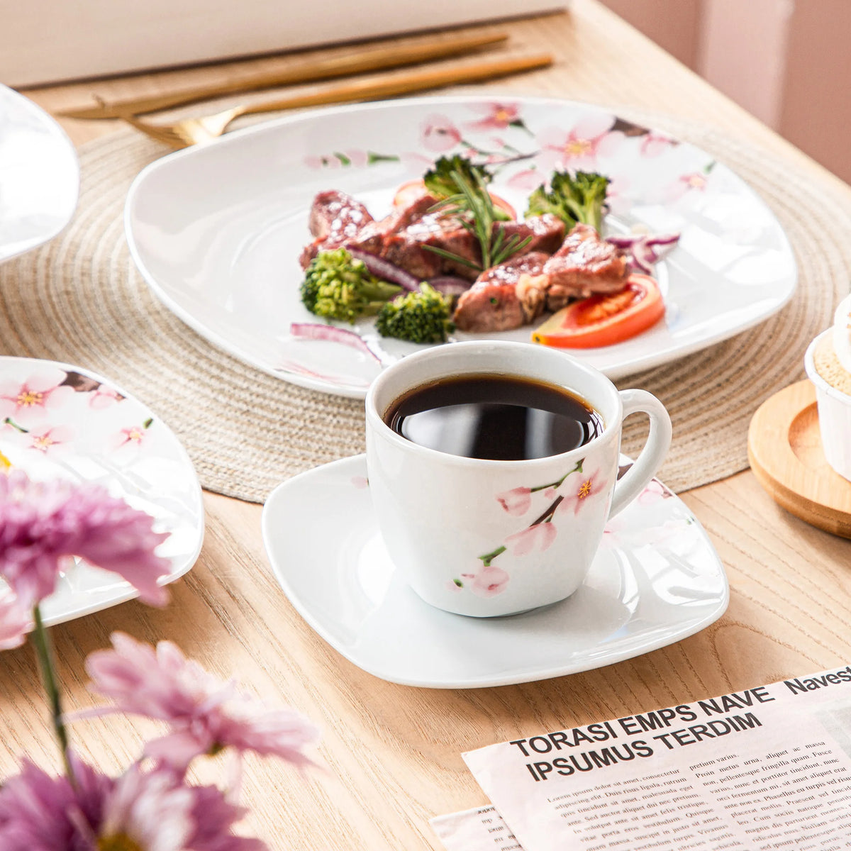 60-Piece White Ceramic Pink Floral Porcelain Plate Set with Dinner Soup Dessert Plate ,Cups Saucers for 12 Person