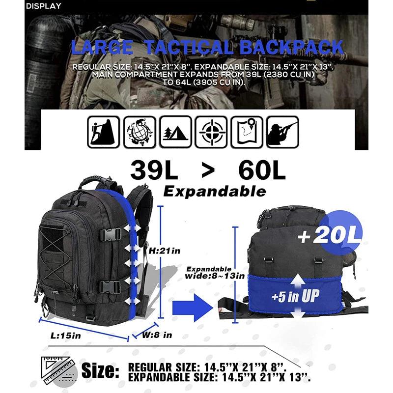 65L Large Capacity Outdoor Backpack – MOLLE Waterproof Hiking Rucksack for Camping, Travel & Climbing