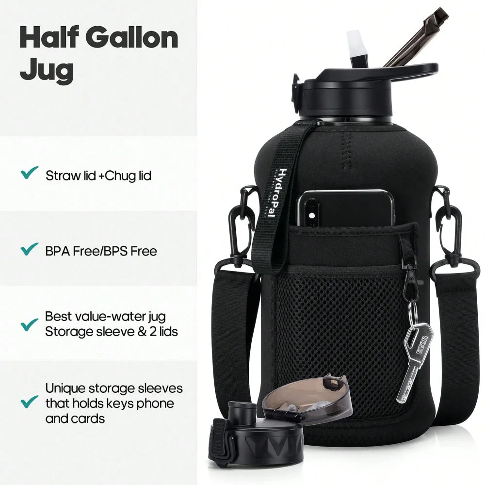 Half Gallon Water Bottle With Storage Sleeve, 74oz Large Water Bottle With 2 Lids(Straw Lid And Chug Lid)