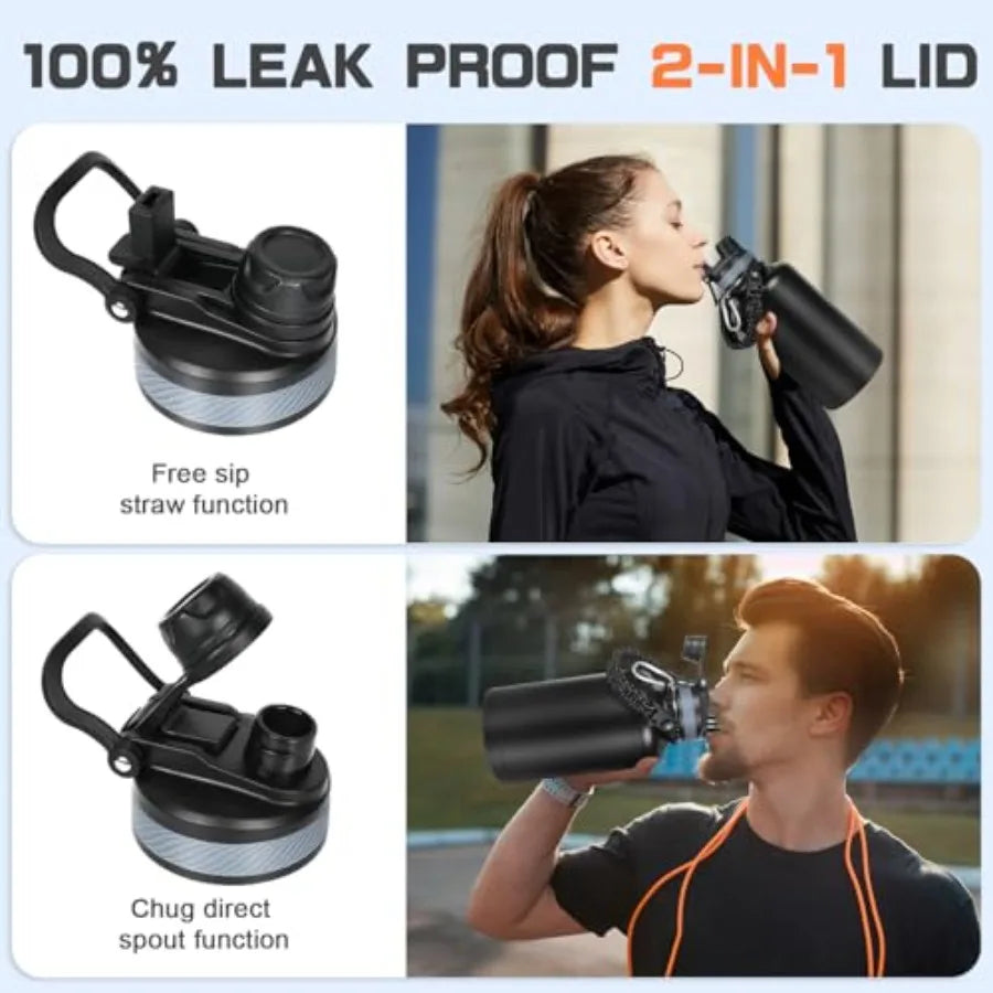 Insulated Water Bottle Half Gallon Water Jug Cold 48H BPA Free Stainless Steel Bottles with Straw/Chug 2-in-1 Lid Bag Paracord