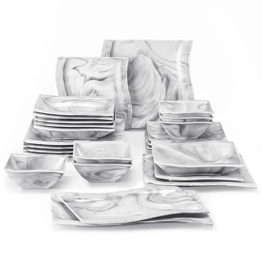 26-PIECE Nordic European Marble Gray Porcelain Tableware Set with Bowl,Dinner Plate,Dessert&Soup Plate Set for 6