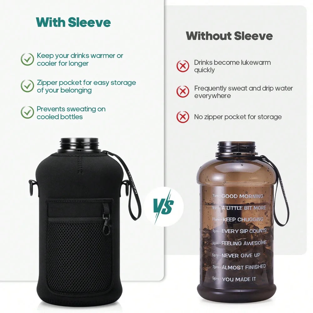 UKEIN Half Gallon Water Bottle With Storage Sleeve, 74oz Large Water Bottle With 2 Lids(Straw Lid And Chug Lid), Big Sports Wate