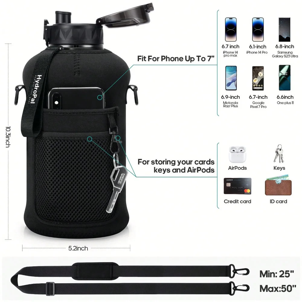 Half Gallon Water Bottle With Storage Sleeve, 74oz Large Water Bottle With 2 Lids(Straw Lid And Chug Lid)
