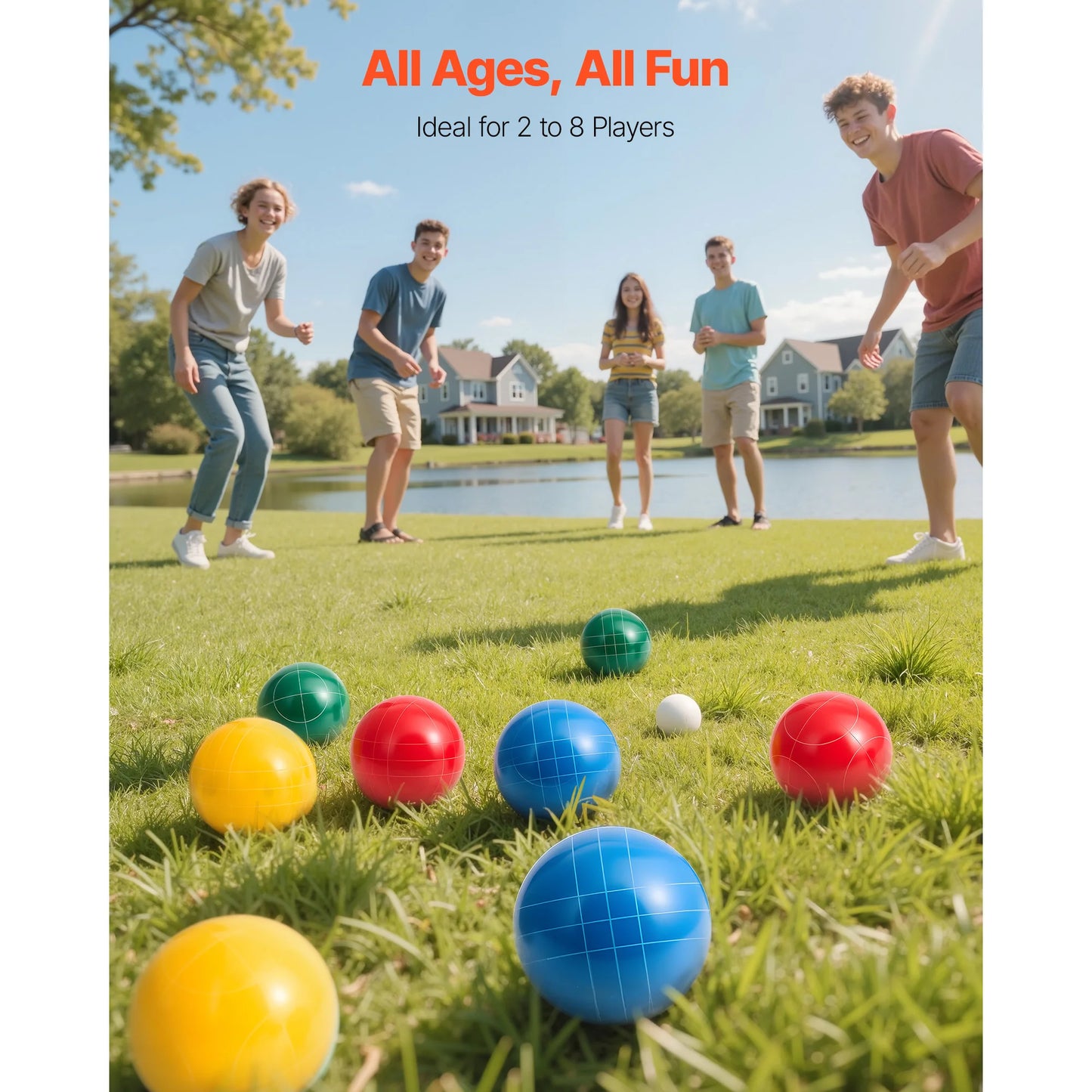 Ball Set 8 Resin Balls with Pallino Carry Bag and Measuring Rope Multi Color for Beach Lawn and Backyard Games