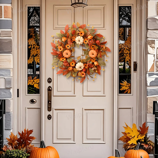 1pc Autumn Front Door Wreath, 22-Inch Autumn Wreath with Pumpkins, Suitable for Indoor And Outdoor Porch Thanksgiving Farmhouse Harvest Decoration, Home Autumn Decoration, Outdoor Artificial Wreath, Decoration, Walls, And Fir