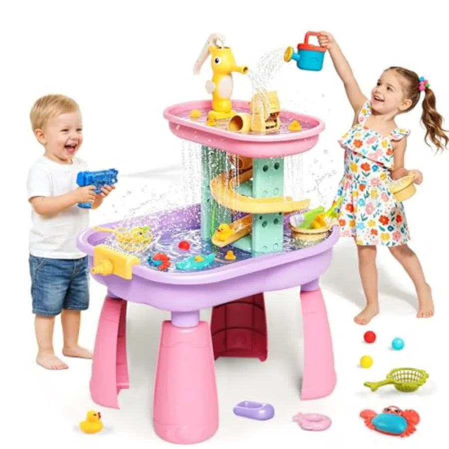 Outdoor toddler water table for sensory play with sand and water BPA-free plastic blue and yellow includes 28PCS accessories an