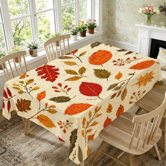Autumn Leaf Tablecloth for Rectangular Dining Table, Cream Background with Red Orange Yellow Green Detailed Leaves, Berries And Twigs Pattern, Polyester, Easy Care, Fall Thanksgiving Decor, Indoor Use
