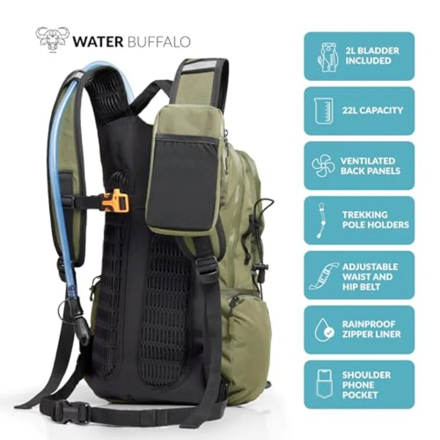 Hydration Backpack - Sherpa 22L Hiking Backpack with Water Bladder - Water Backpack for Hiking with Waterproof Zippers, Phone a